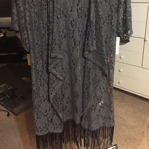 LulaRoe S Monroe Dark Grey Lace Black Fringe